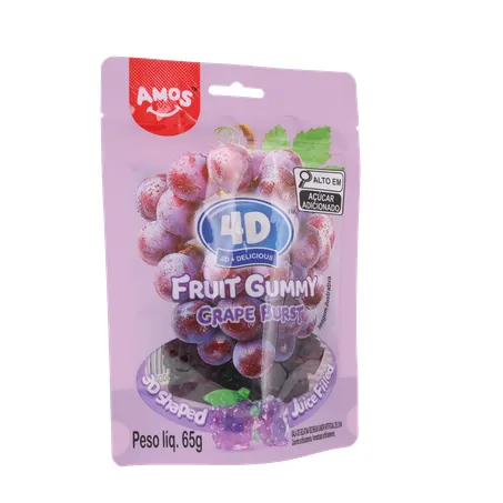 Balas de Gelatina Amos Fruit Gummy Grape Burst Juice Filled Sachê 65gr 360-34