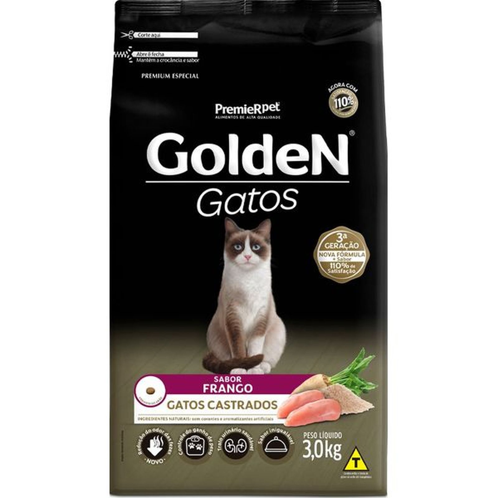 Ração Golden para Gatos Adultos Castrados Sabor Frango 3Kg