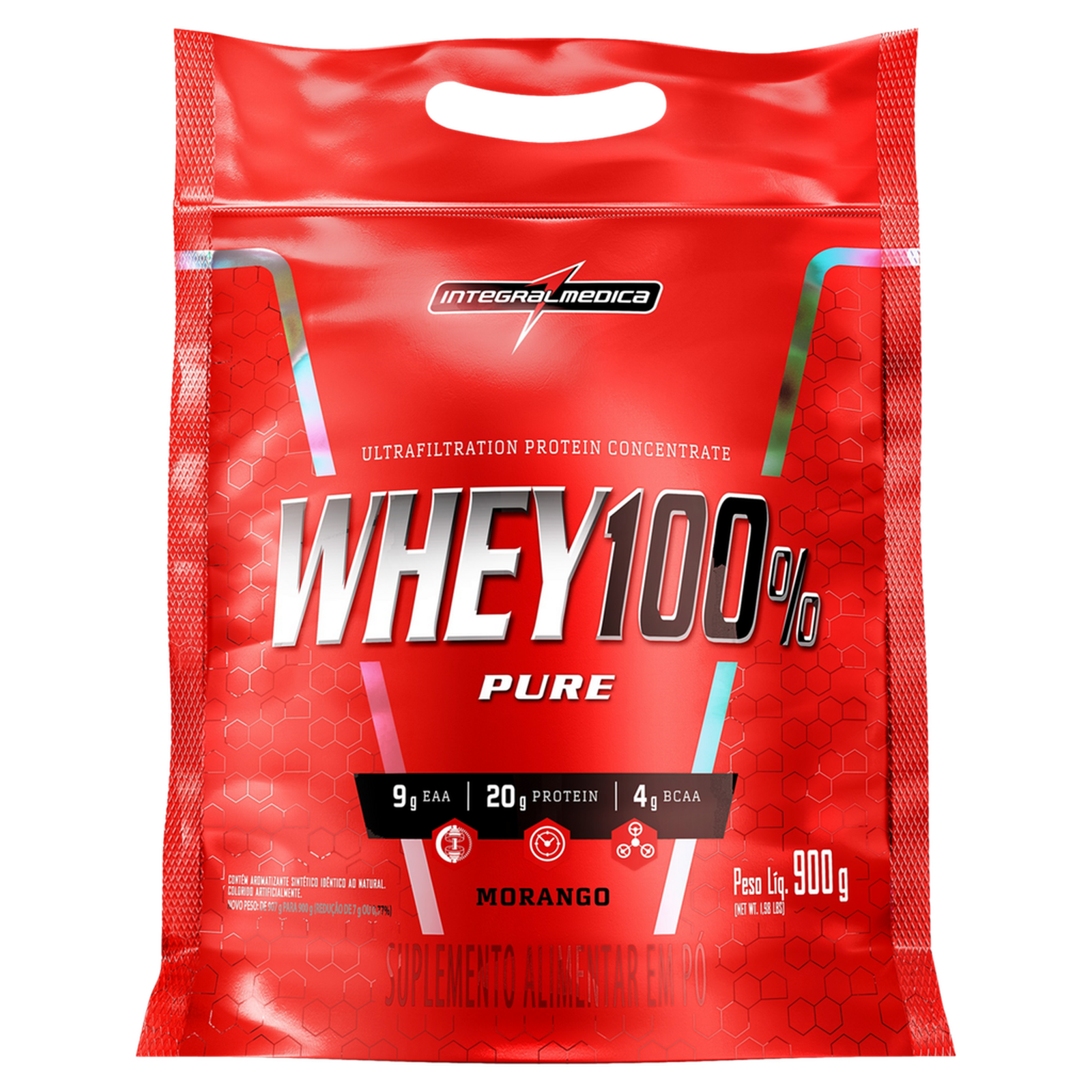 Suplemento Alimentar Proteico Pó Morango 20g Protein Integralmedica Whey 100% Pure Pouch 900g