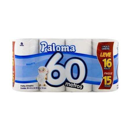 Papel Higiênico Paloma Folha Simples Neutro Pacote 16 Rolos 60m X 10cm Leve 16 Pague 15