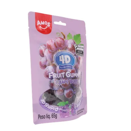 Balas de Gelatina Amos Fruit Gummy Grape Burst Juice Filled Sachê 65gr 360-32