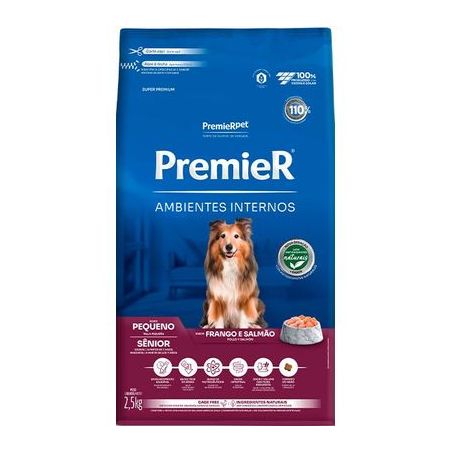 Ração Premier Senior Ambientes Internos para Cães Adultos 7+ Sabor Frango e Salmão 2,5Kg