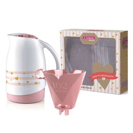 Conjunto Bule Térmico Sanremo Branco e Rosa 700ml Com Suporte Filtro De Café 
 