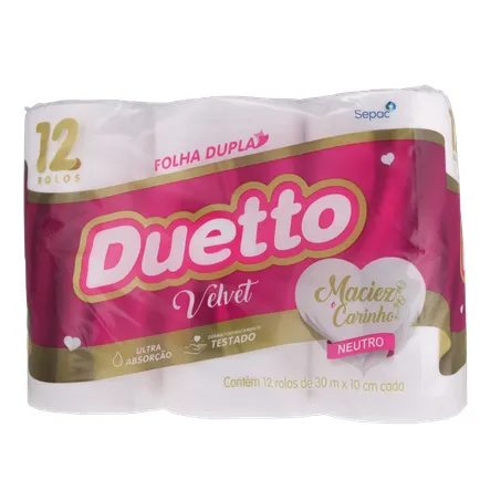 PAPEL HIGIÊNICO DUETTO FOLHA DUPLA VELVET PACOTE 12X30M 360-1