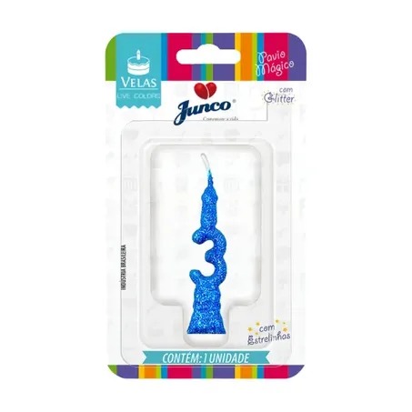 Vela Aniversario Junco Mini Glitter N3 Azul