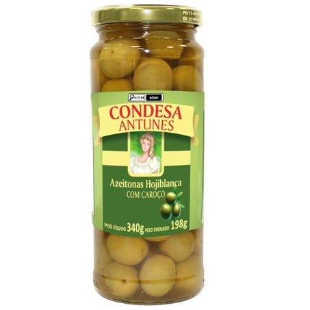 AZEITONA CONDESA ANTUNES VERDE HOJIBLANCA COM CAROÇO EM CONSERVA 340G