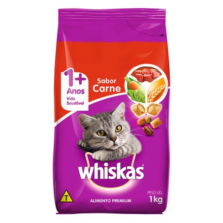 RAÇÃO PARA GATOS ADULTOS 1+ CARNE WHISKAS PACOTE 1KG