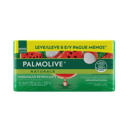 Kit Sabonete em Barra Hidratação Refrescante Melancia e Lichia Palmolive Naturals 510g 6 Unidades 85g Cada