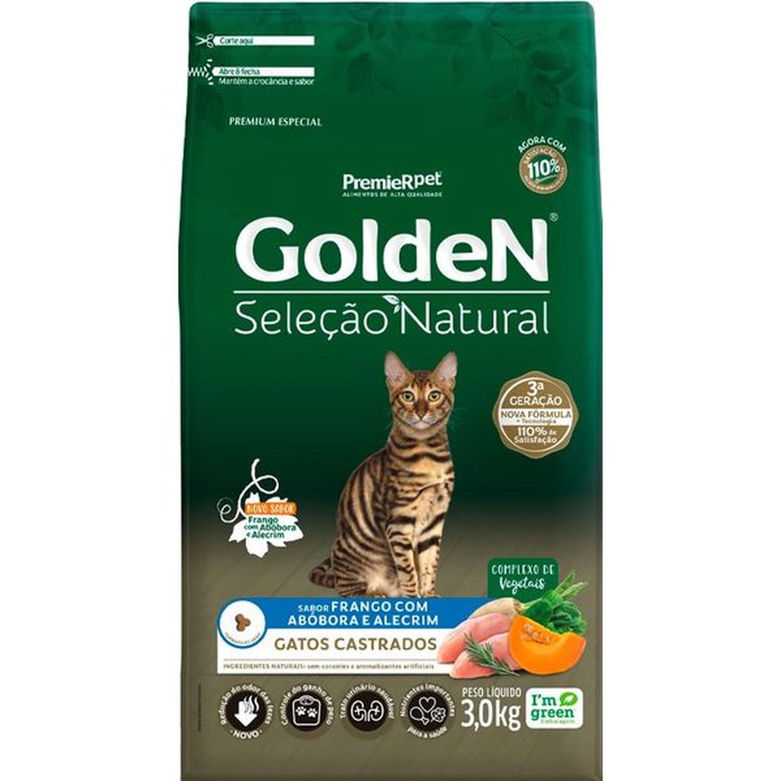 Ração Golden Seleção Natural para Gatos Adultos Castrados Sabor Frango com Abóbora e Alecrim 3Kg