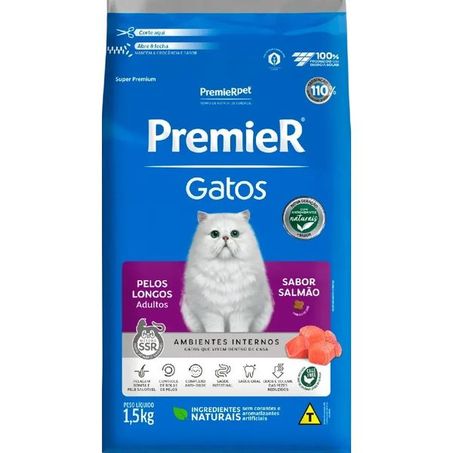 Ração Premier Ambientes Internos Pelos Longos para Gatos Adultos Sabor Salmão 1,5Kg