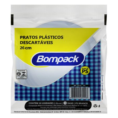 PRATO PLÁSTICO DESCARTÁVEL RASO BRANCO BOMPACK 26CM COM 10 UNIDADES