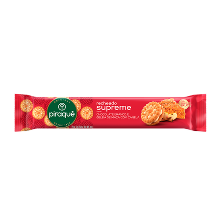 BISCOITO PIRAQUE SUPREME CHOCOLATE  BRANCO E GELEIA DE MAÇ C/ CANELA 80g