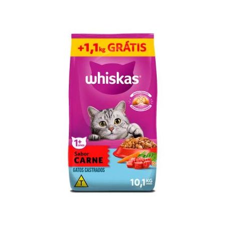 RACAO GATO WHISKAS CASTRADOS CARNE LV10,1PG 9KG