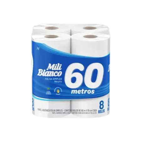 Papel Higiênico Mili Bianco Neutro 8x60m 
 