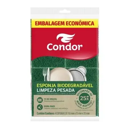 Esponja Biodegradável Limpeza Pesada Condor 4 Unidades Embalagem Econômica