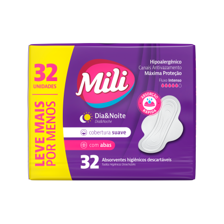 Absorvente mili dia&noite cobertura suave com abas c/32 l+ p-