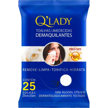 Lenço Demaquilante QLady Umedecido - Com 25 Unidades