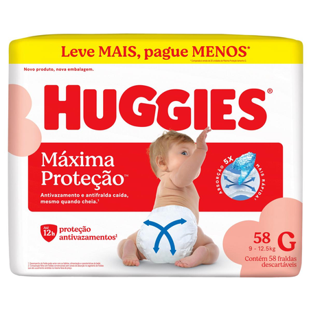 Fralda Huggies Máxima Proteção - Hiper Tam. G - Com 58 Fraldas