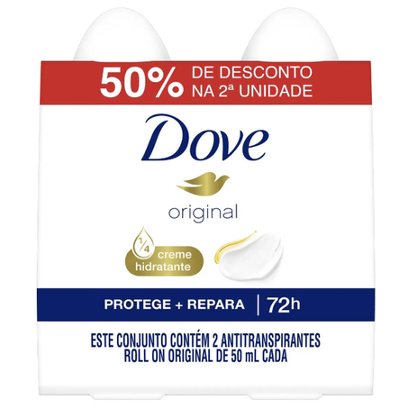 DESODORANTE ROLL ON DOVE ORIGINAL 50ML C/2 50% DESC NA 2ªUNIDADE