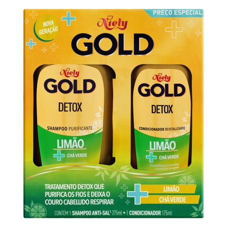 KIT SHAMPOO 275ML + CONDICIONADOR 175ML NIELY GOLD DETOX LIMÃO + CHÁ VERDE