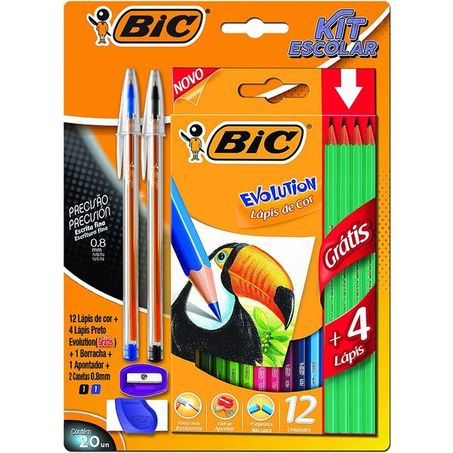 Kit Escolar Colorir Bic Lapis+ Caneta+ Apontador+ Borracha 
 