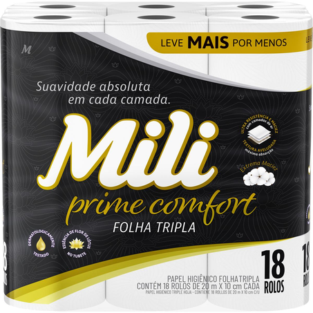 Papel Higiênico Mili 20m - Folha Tripla - Com 18 Rolos