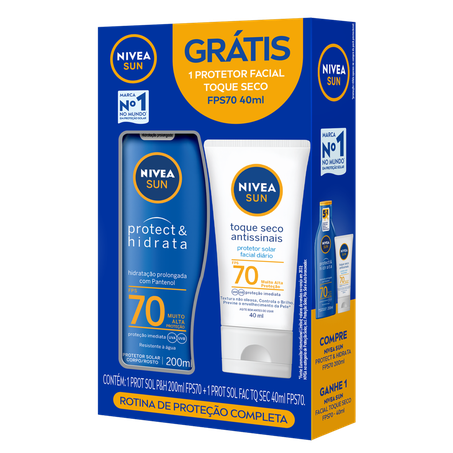 Kit Nívea Sun Protetor Solar Protege e Hidrata FPS 70 200Ml  Protetor Facial Toque Seco 40Ml FPS 70