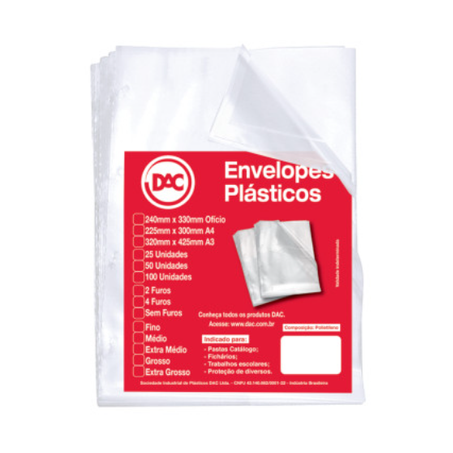 ENVELOPE PLÁSTICO A4 225 X 300MM MÉDIO S/ FUROS C/100UN
