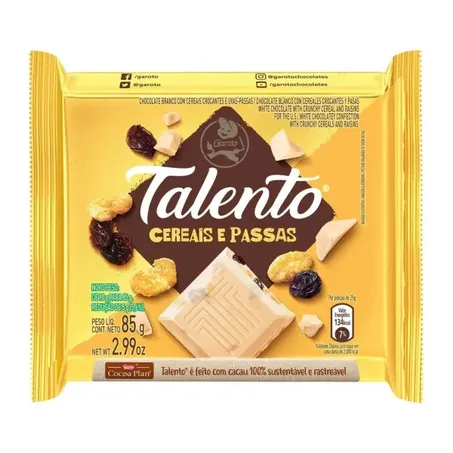 Chocolate barra cereal e passas talento 85g