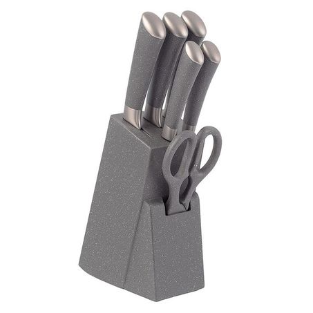 JOGO DE FACAS MIMO STYLE COM CEPO DE BANCADA E TESOURA GRANITADO CINZA CAIXA c/6 PEÇAS 