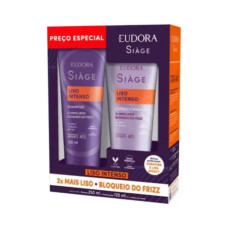 Kit Shampoo 250ml + Condicionador 125ml Eudora Siàge Liso Intenso Caixa 375ml