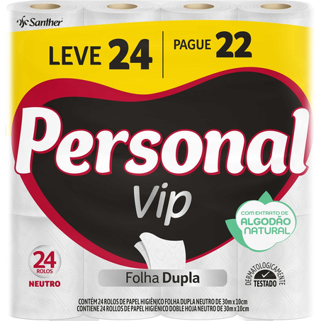 Papel Higiênico Personal Vip 30m - Folha Dupla - Neutro - Leve 24, Pague 22 Rolos
