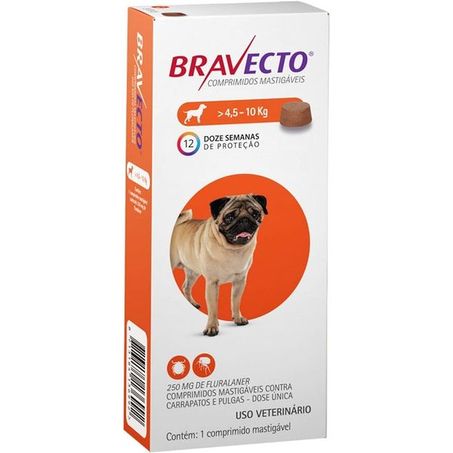 Antipulgas e Carrapatos Bravecto® Comprimido Mastigável de 250mg para Cães de 4,5 a 10Kg