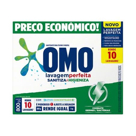 Lava-Roupas Pó Omo Lavagem Perfeita Sanitiza & Higieniza Tamanho Família Caixa 800gr