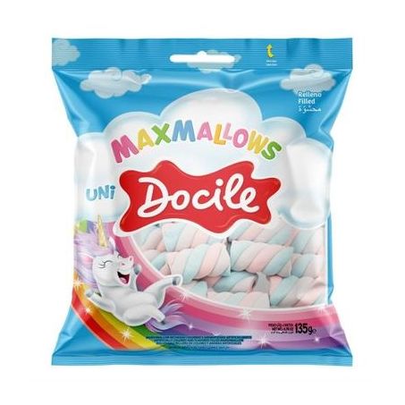 Marshmallows docile unicórnio torção recheio sabor baunilha e morango 135g