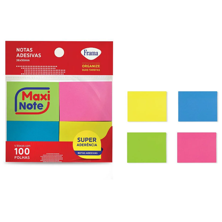 Esc bloco recado adesivo 38x50mm neon 4cores 100f