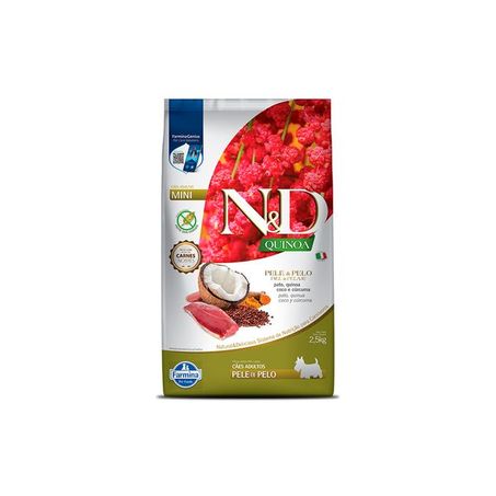 Ração Farmina N&D Quinoa Pele e Pelo para Cães Adultos de Porte Mini e Pequeno Sabor Pato, Quinoa, Coco e Cúrcuma 2,5Kg