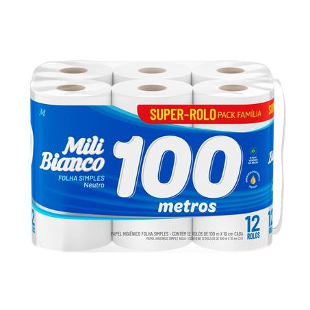 Papel Higiênico Mili Bianco Folha Simples Pacote 12 Rolos X 100M