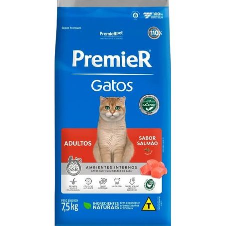Ração Premier Ambientes Internos para Gatos Adultos Sabor Salmão 7,5Kg