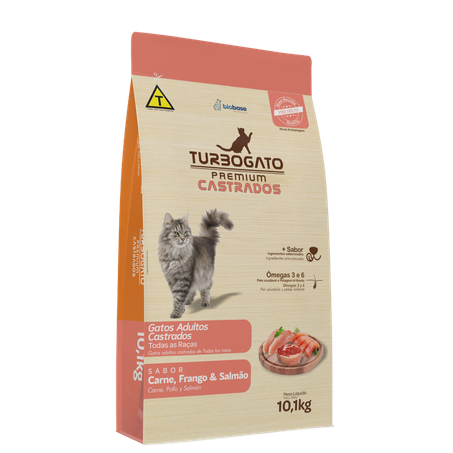 ALIMENTO P/GATO TURBOGATO PREMIUM CASTRADOS GATOS ADULTOS CRANE, FRANGO E SALMÃO PACOTE 10,1KG