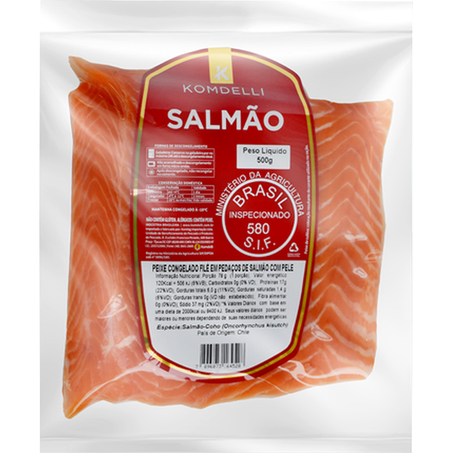FILÉ DE SALMÃO KOMDELLI  CONGELADO EM PEDAÇOS C/PELE PACOTE 500G