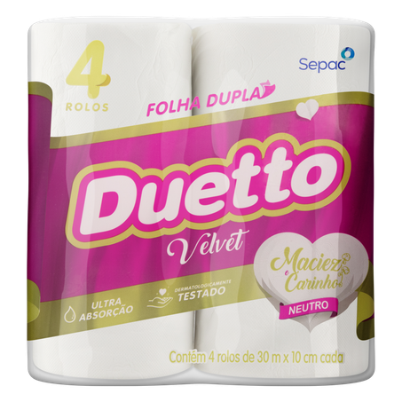Papel Higiênico Folha Dupla Neutro Duetto Velvet 30m Pacote 4 Unidades