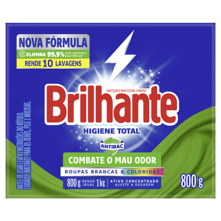 Lava Roupas em Pó Sanitizante Roupas Brancas e Coloridas Brilhante Higiene Total Antibactérias Caixa 800g