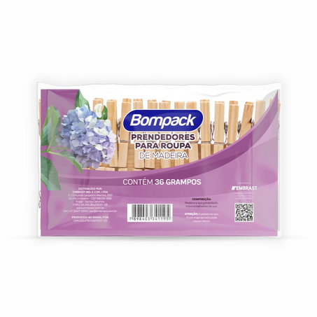 Prendedor De Roupa Madeira Bompack C/36