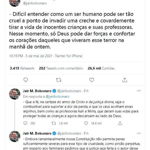Presidente Bolsonaro se manifesta sobre o ataque à creche de Saudades