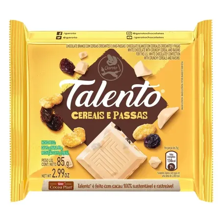 CHOCOLATE BRANCO CEREAIS E PASSAS TALENTO 85 G    