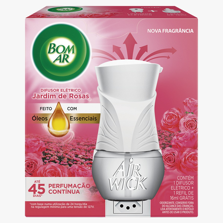 DIFUSOR ELÉTRICO BOM AR C/1 REFIL DE 16ML GRÁTIS JARDIM DE ROSAS