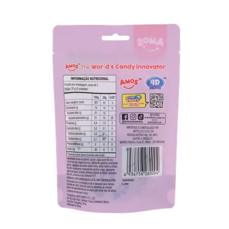 Balas de Gelatina Amos Fruit Gummy Grape Burst Juice Filled Sachê 65gr 360-2