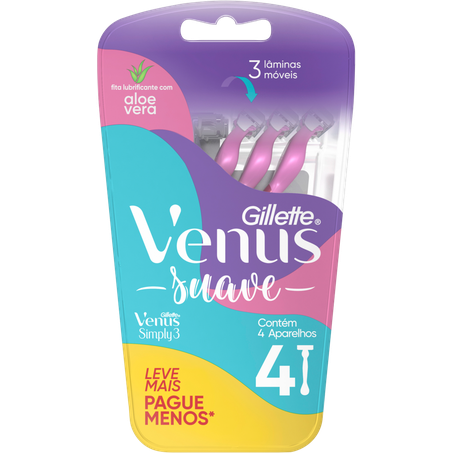 APARELHO PARA DEPILAR DESCARTÁVEL GILLETTE VENUS SIMPLY3 ALOE VERA LEVE MAIS PAGUE MENOS CARTELA C/4UNID