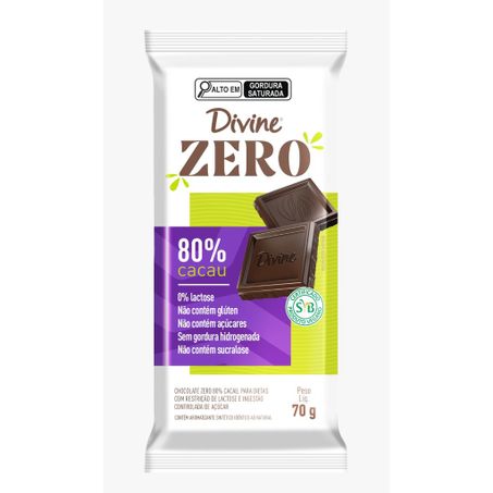 CHOCOLATE EM BARRA DIVINE ZERO 80% CACAU 70G